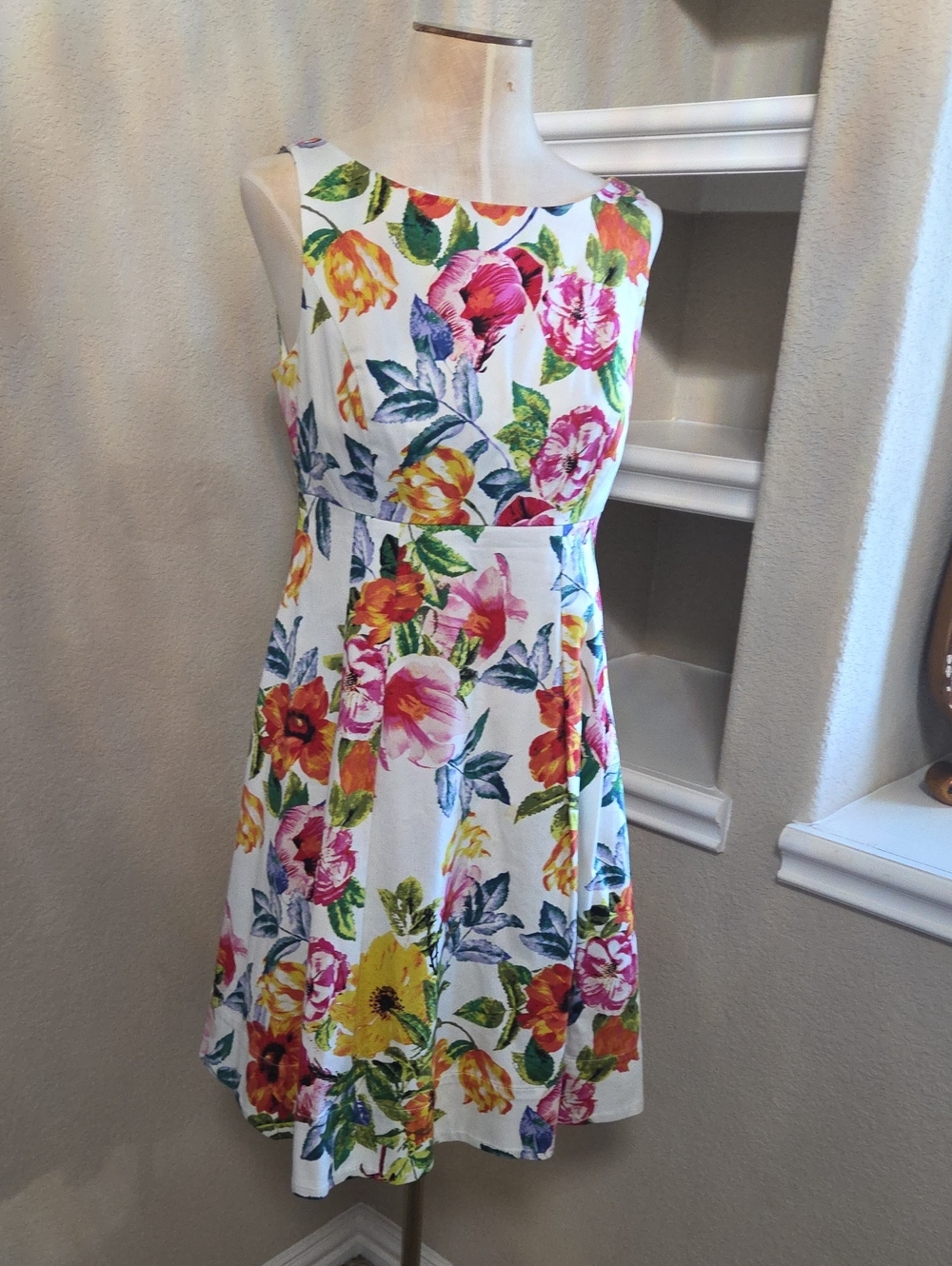 Eliza J White Midi Dress with Pink, Yellow & Green Floral Print